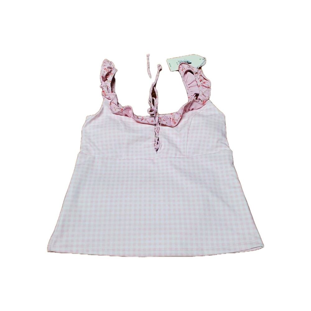 Blogilates Women's Ruffle Lace Up Tank Top - Pink Gingham M